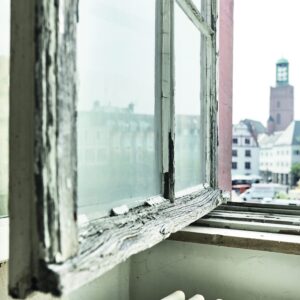 Das verwitterte Holz der Fensterflügel vom Schloss Darmstadt muss dringend ausgebessert werden.
