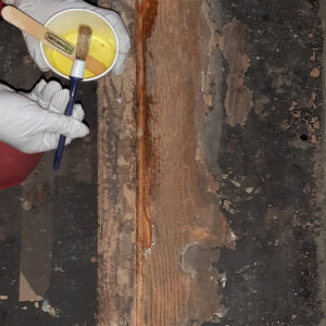 Auf einer ausgefrästen Stelle der Holztreppe wird DRY FIX® UNI aufgetragen, um die beschädigte Stelle für die nachfolgende Reparatur vorzubereiten