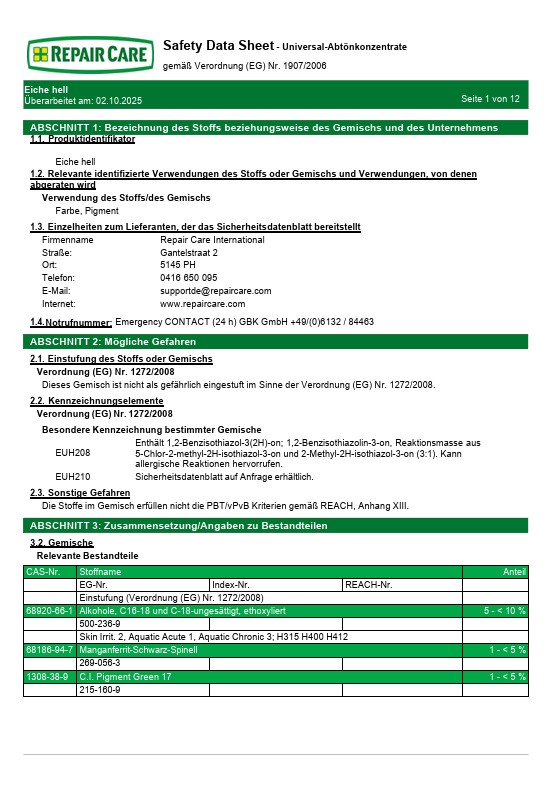Sicherheitsdatenblatt Abtönkonzentrate Eiche hell